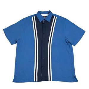 NAT NAST Retro Strom / Naval Blue Stripes Button Front  100% Silk‎ Sz L Shirt